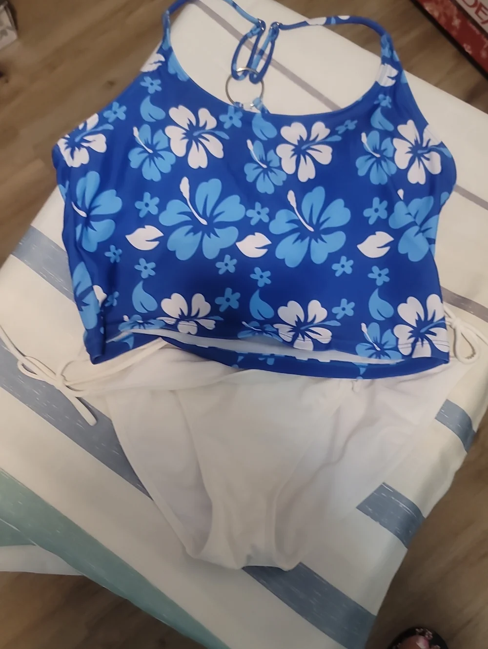 Blue Floral Two-Piece Swim Set with White Bottoms
